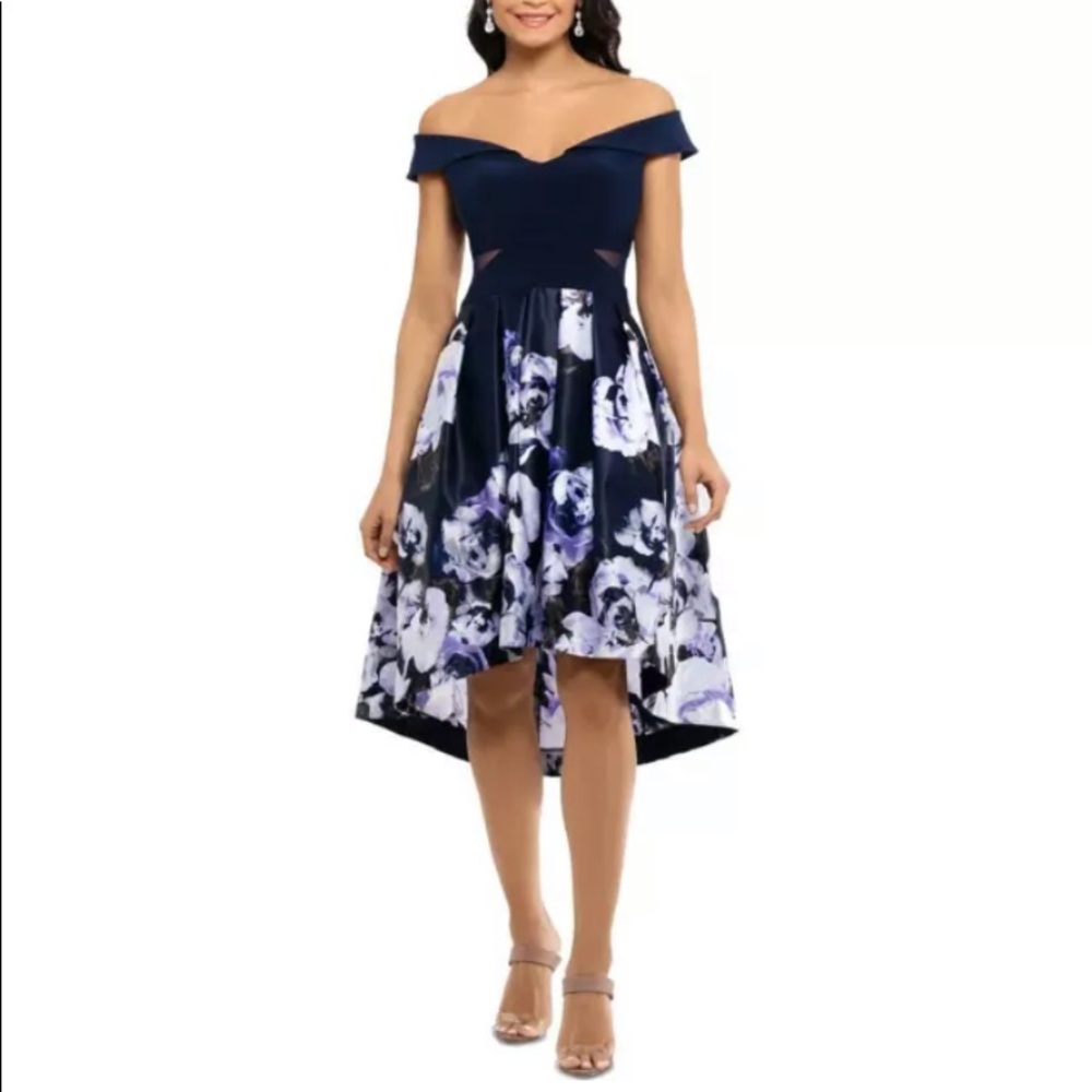 Xscape women’s floral high-low party midi dress